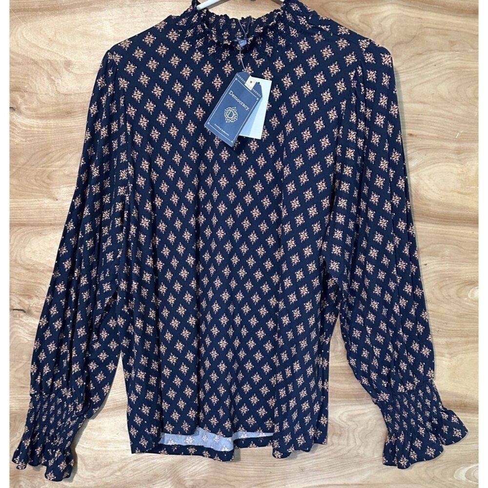 NWT democracy Woman 1X Blouse Blue Ruffle Collar Cuffs Long Sleeve Preppy